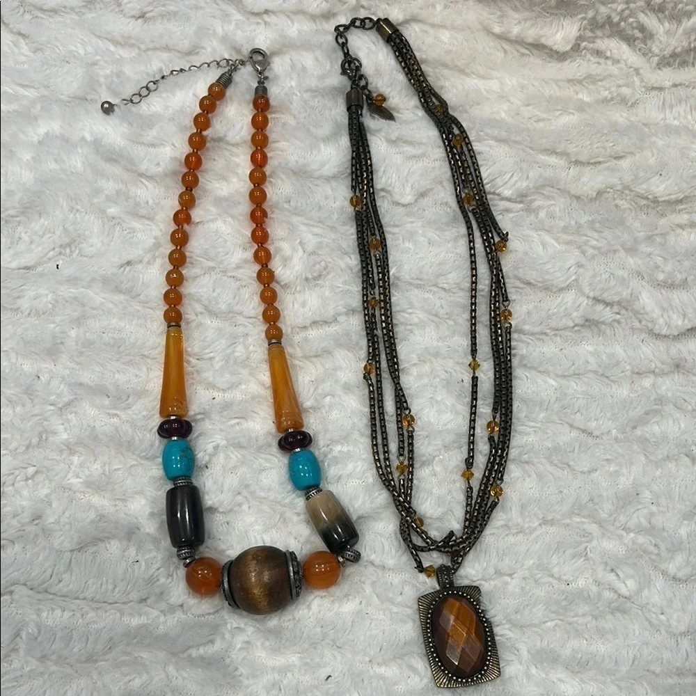Vintage set of 2 necklaces Orange and Blue Bohemian Necklace & beaded pendant